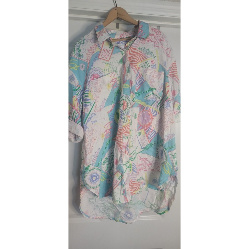 Talbots Aqua Club Tropical Button Up Gauze Shirt Cover Up Sz 1X Teal  Beachy